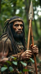 Obraz premium Portrait of Primeval Caveman Wearing Animal Skin and Fur Hunting with Stone Tipped Spear in the Preh