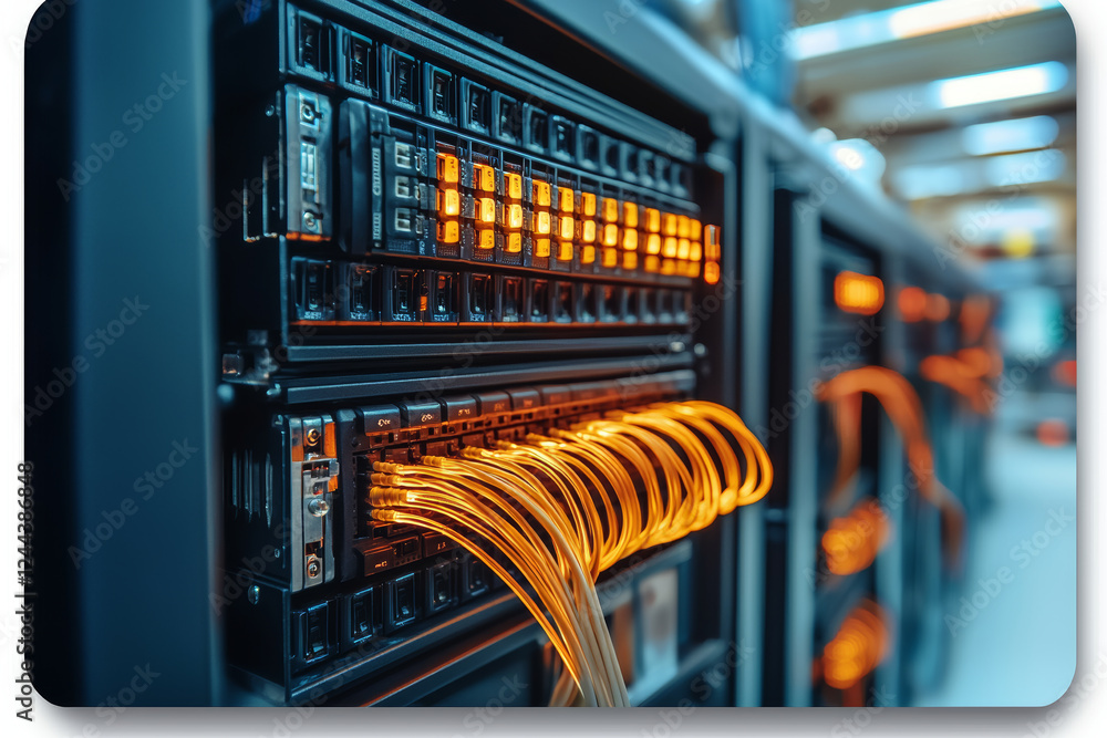 Poster high tech server room with illuminated fiber optic cables and data storage. vibrant orange lights cr