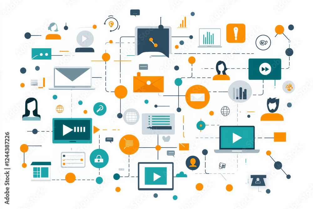 Aufkleber digital communication network with icons representing various media and interactions, showcasing con