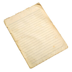 Aged lined paper, showing signs of wear and time. Isolated on a transparent background, PNG.