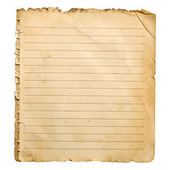 Aged, lined paper with tattered edges; blank space for notes. Isolated on a transparent background, PNG.