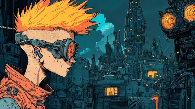 Colorful Steampunk Character in City 2D Vector Animation Design