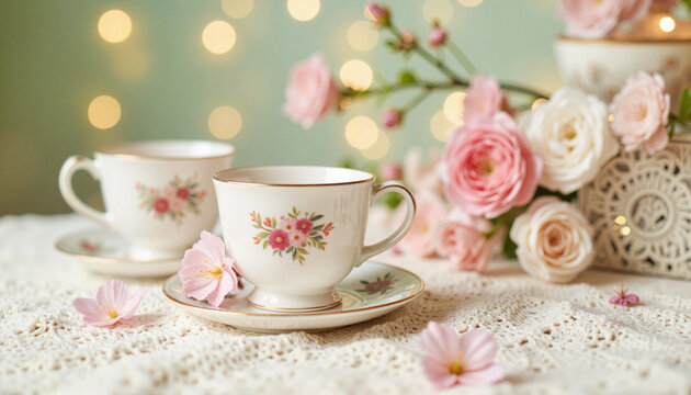 Vintage toy tea set on lace tablecloth, nostalgic elegance