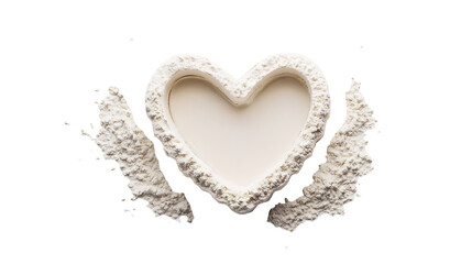 A heart-shaped baking mold with flour scattered around, isolated on white background in HD