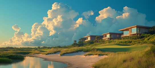 Fototapeta premium A scenic view of a beautiful golf course featuring lush green fairways, water obstacles, and picturesque landscapes