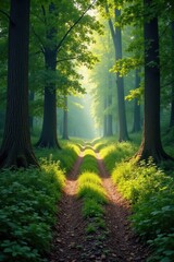 Fototapeta premium Sun-dappled path splits at a rustic forest crossroads , path, branches