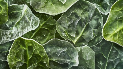 Frozen Spinach Leaves with Ice Crystals