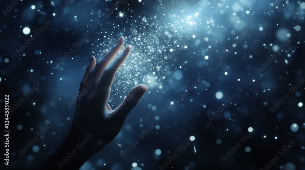 Poster hand reaching out to cosmic glowing points in a network connection, data visualization background