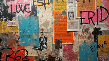 Fototapeta premium colorful grunge background composed of vibrant newspaper and magazine clippings layered with graffiti creating an energetic urbaninspired art piece filled with texture and visual intrigue 