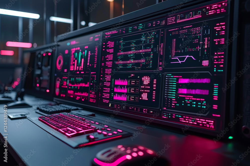 Aufkleber high tech control room with glowing screens displaying data and graphs. vibrant pink and purple ligh