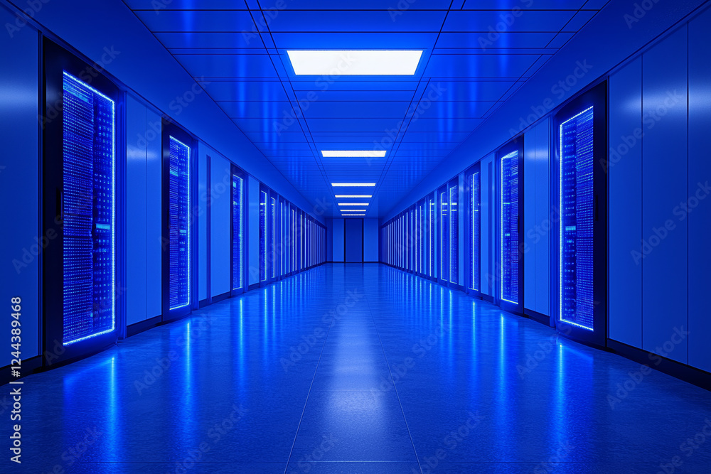 Aufkleber futuristic data center corridor illuminated by blue lights, featuring rows of server racks. sleek de
