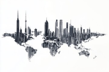 map of the world made of many big buildings skyscrapers on white background, the globe is one big global vivid organism, overpopulation