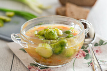 Natural Vegetable Soup with Brussels Sprouts on the Home Table