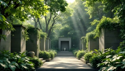 Obraz premium Serene Passage: Sun-dappled Cemetery Path