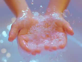 Fototapeta premium Hands covered in soapy foam with floating bubbles