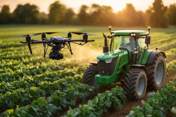 Aerial View of a Green Tractor Spraying Fertilizer Over a Sugar Beet Field in Germany at Sunset