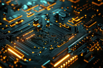 Advanced microchip technology with golden and blue circuitry in high detail