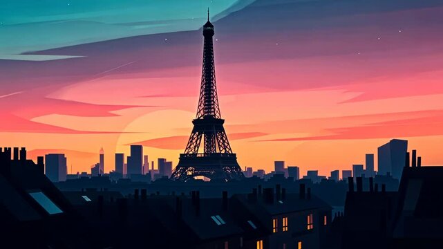 Colorful Cartoon Illustration of the Eiffel Tower in Paris at Sunset