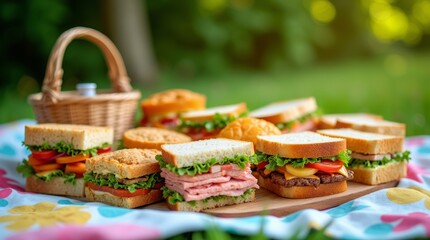 an assortment of colorful sandwiches arranged neatly on a checkered picnic blanket