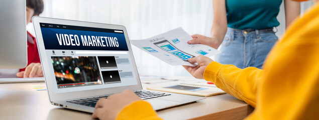 Video Marketing Concept on Laptop Screen. Video Marketing Advertising Business on Social Media and...
