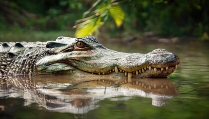 Striking American Crocodile Crocodylus acutus Basking in a Jamaican Swamp at Dusk A Snapshot of Tropical Wildlife Amidst Vibrant Greens and Rich Shadows