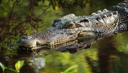 Majestic American Crocodile Crocodylus acutus in a Jamaican Swamp at Dusk A Mesmerizing Encounter with a Primordial Beast, Captured amidst the Mystical Mood of the Tropics