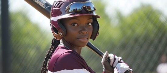 Focused female athlete preparing to bat during a daytime baseball practice