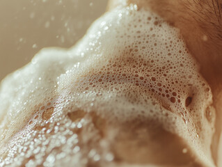 Fototapeta premium Close-up of soap bubbles on a man's neck and shoulder