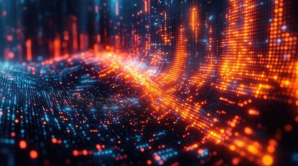 A vibrant digital landscape showcasing flowing data streams in blue and orange hues.