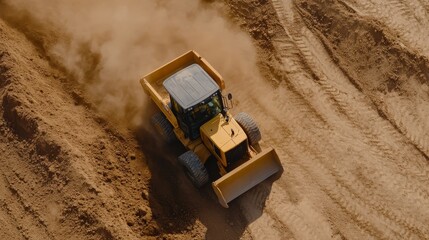 Aerial view of a yellow bulldozer working on a dusty construction site with tire tracks visible