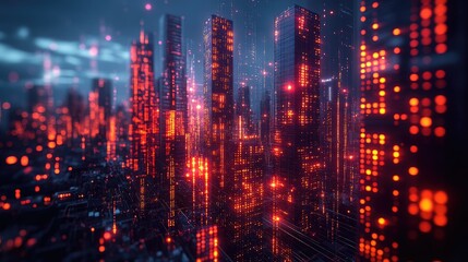 Fototapeta premium A futuristic cityscape illuminated by glowing lights and digital elements.