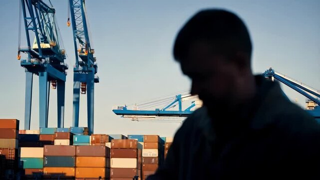 Blurred industrial silhouette of dockworker supervising complex cargo logistics with massive container cranes and shipping containers in bustling commercial maritime port environment