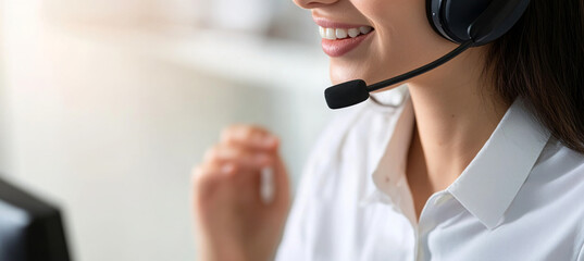 Hispanic woman call center service support in headset. Female customer support or sales agent. 
