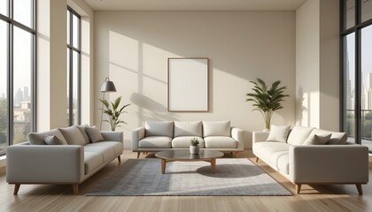 A modern living room interior, shot from a slightly elevated perspective.  Light beige walls and light wooden floors, creating a minimalist aesthetic.  A set of modular, light gray sofas 