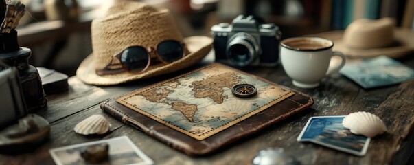 Traveler preparing for adventure, exploring world map with compass, camera, hat, and coffee on rustic table