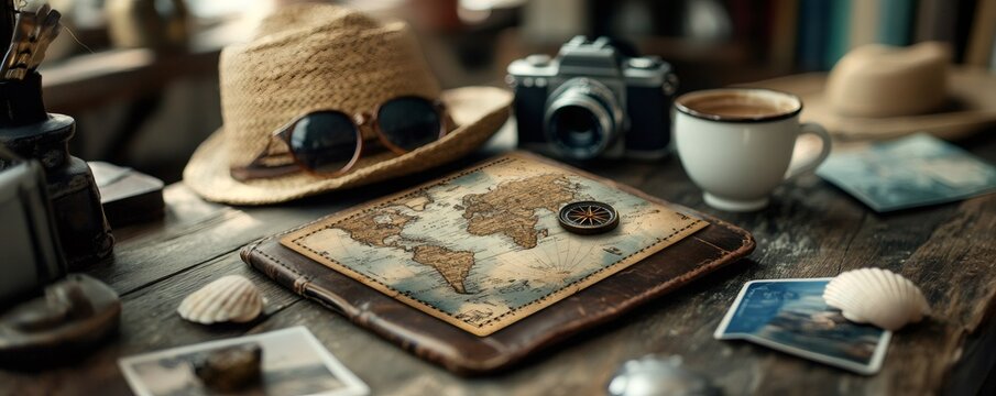 Traveler preparing for adventure, exploring world map with compass, camera, hat, and coffee on rustic table