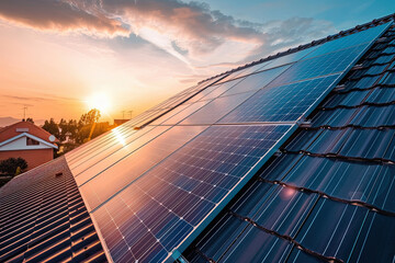 A modern industrial rooftop covered with solar panels, harnessing clean energy from the sun.