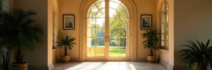 Elegant French doors, sunlight streaming through, landscape, wood