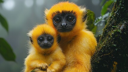 Obraz premium Golden Lion Tamarins Mother And Baby Clinging Together