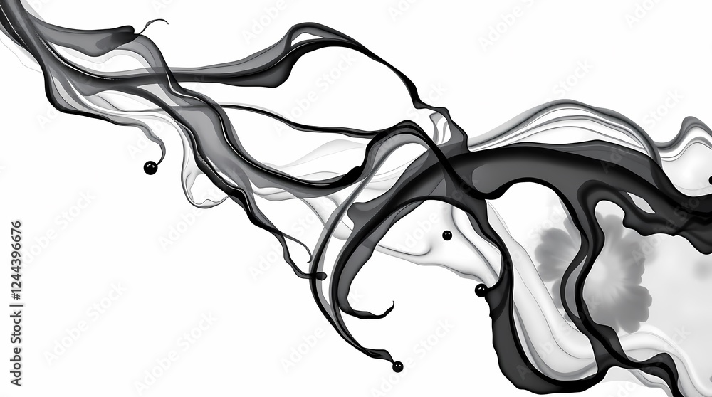 Poster abstract black ink flowing across white surface creating dynamic visual patterns. generative ai