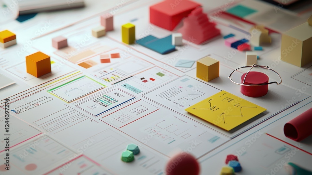 Poster colorful abstract business data visualization: a vibrant display of 3d shapes and charts illustratin