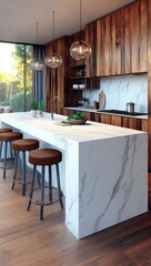 A minimalist kitchen design showcases a white marble island paired with an elegant dining area