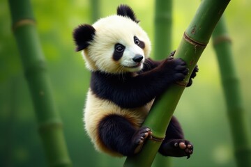 Obraz premium Fluffy panda cub clinging to a bamboo tree branch , environment, bamboo