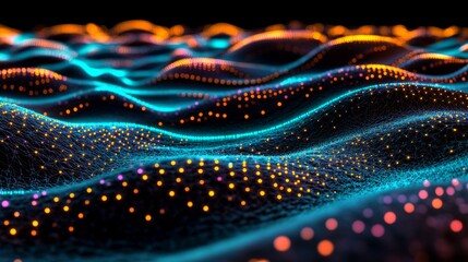 A dark background adorned with golden lines that link shimmering dots and triangles in an abstract pattern