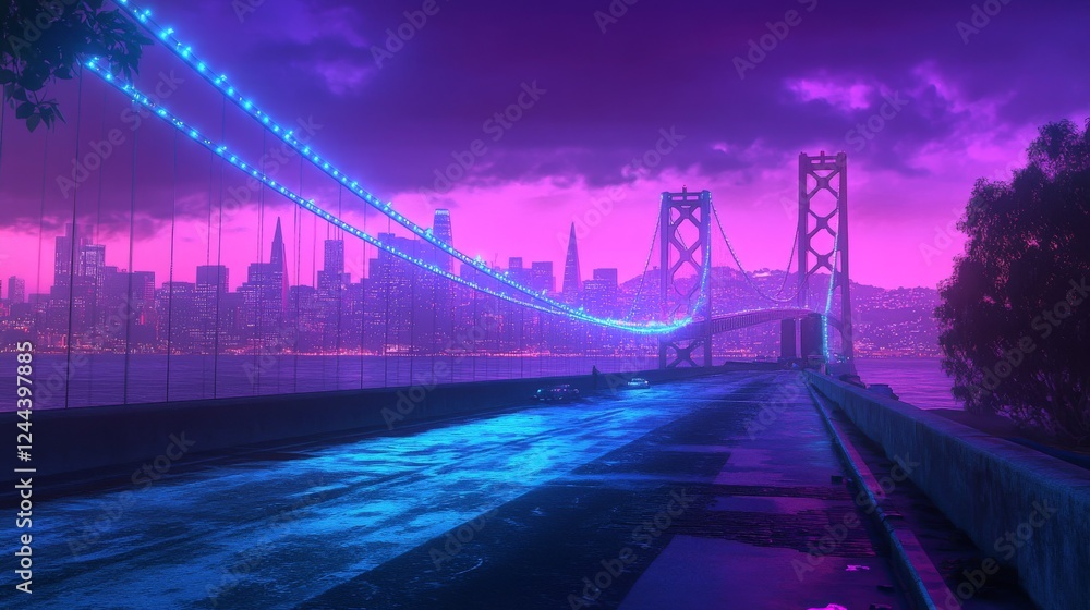 Poster a suspension bridge illuminated at night with connecting lines and dots symbolizing the digital netw