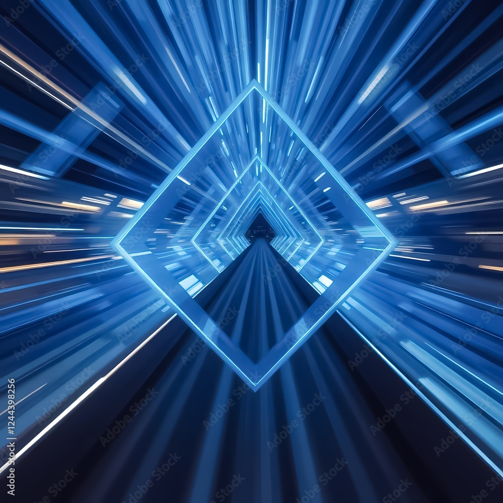 Poster bright blue lights create a dynamic illusion of depth in an abstract tunnel design. generative ai