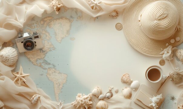 Summer vacation planning concept featuring a world map, seashells, a retro camera, a straw hat, and a cup of coffee