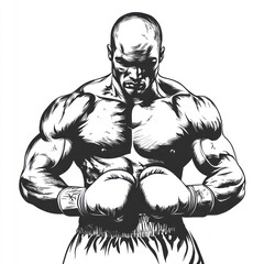 Fototapeta premium Muscular boxer in a fighting stance, ideal for sports, fitness, and strength-themed designs Black and white illustration