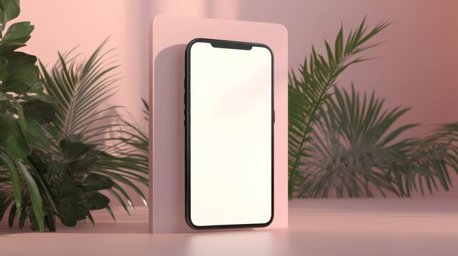 A 3D-rendered illustration of a modern smartphone with a bright white screen, set in pink empty space. The minimalistic and futuristic design highlights digital technology and mobile innovation