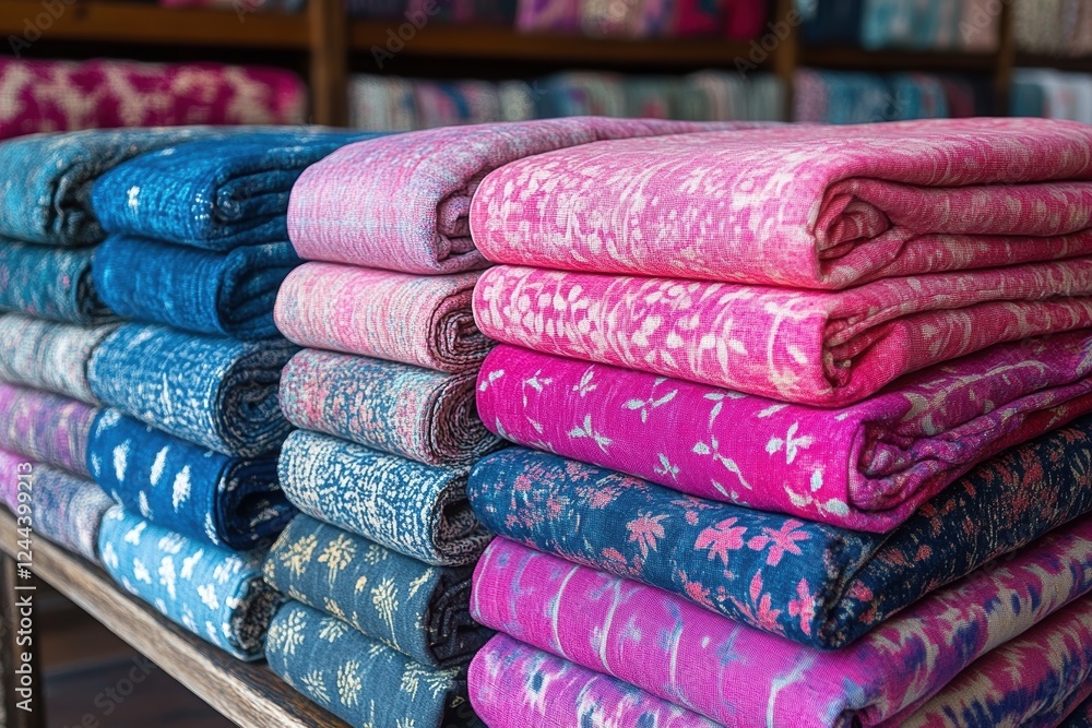 Poster stacked colorful textiles in a shop, showcasing intricate patterns.